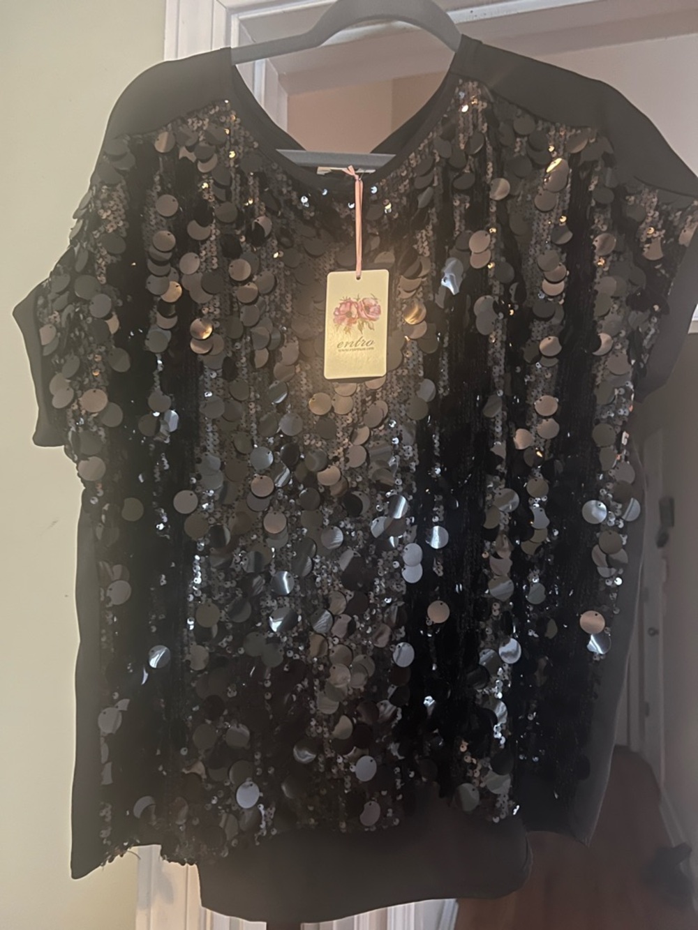 entro Black Sequin Short Sleeve Top